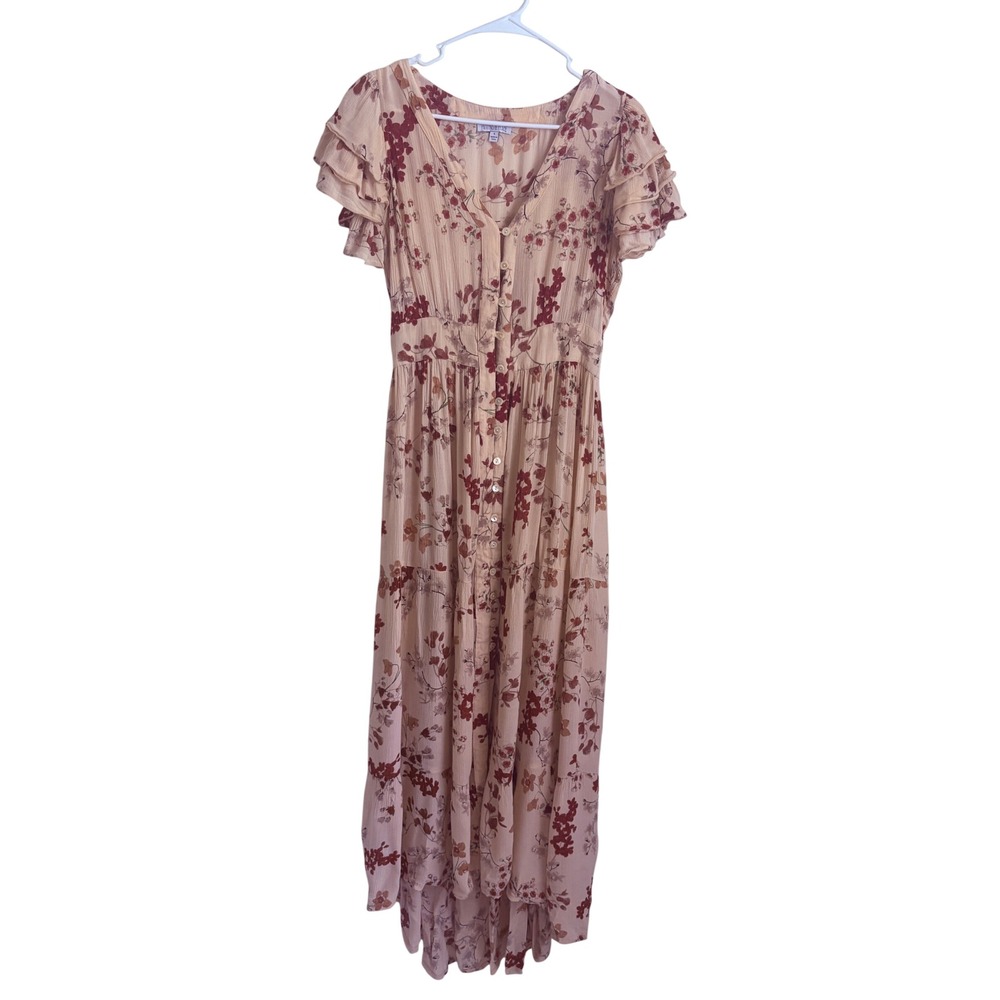 Patrons of Peace Floral High Low Maxi Dress Peach Burgundy Boho Ruffle Sleeve S